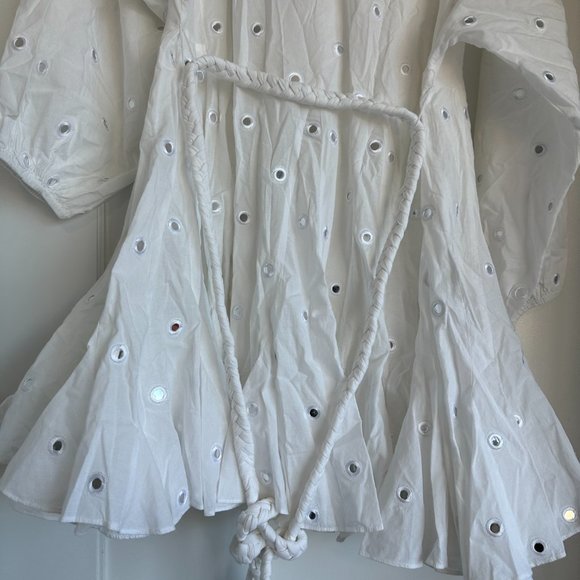 Rhode Ella Blouson Mini Dress Flared Mirror Disc Allover Braided Belt White XS - Picture 7 of 7